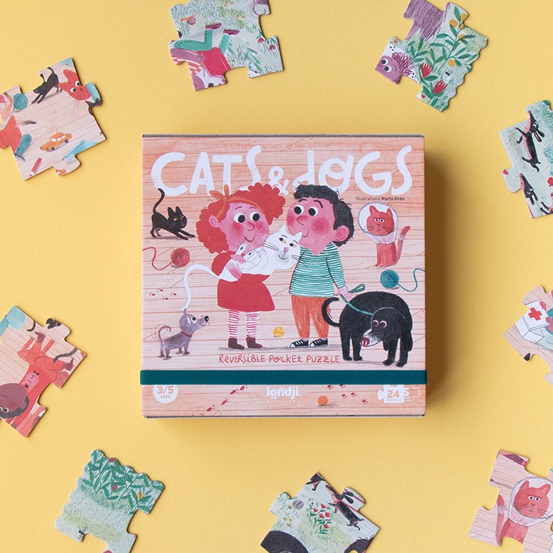 Set of colorful children's puzzles with puzzle pieces scattered on a yellow background