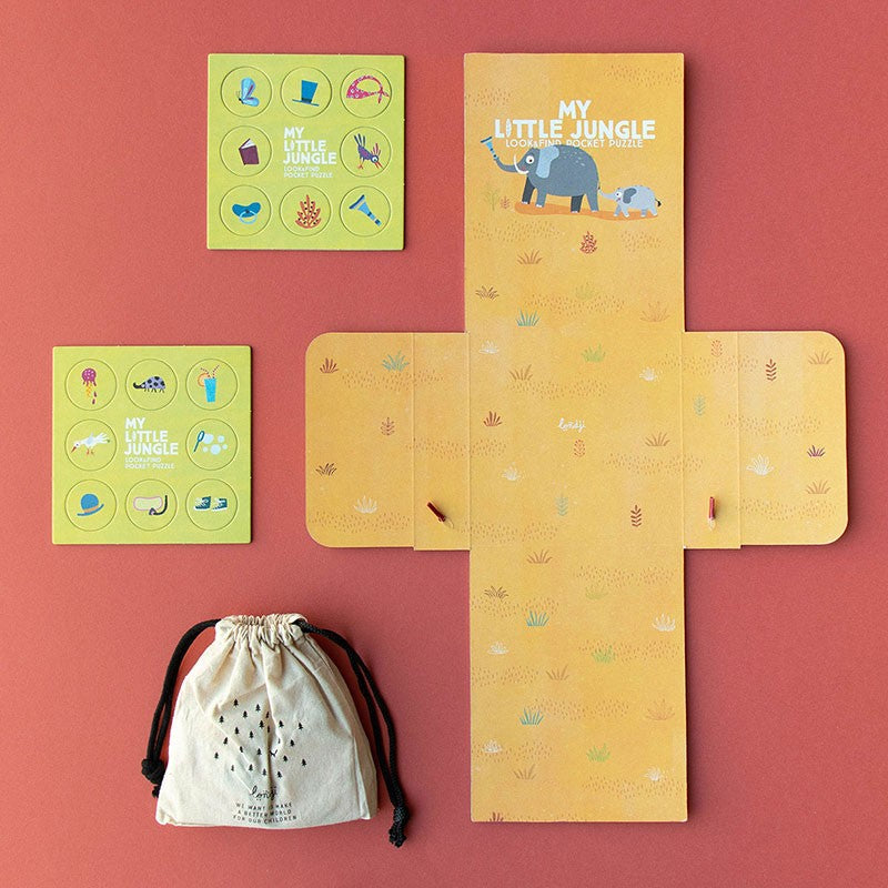 24-piece-look-and-find-pocket-puzzle-my-little-jungle with jungle-themed game pieces and a drawstring bag on a red background