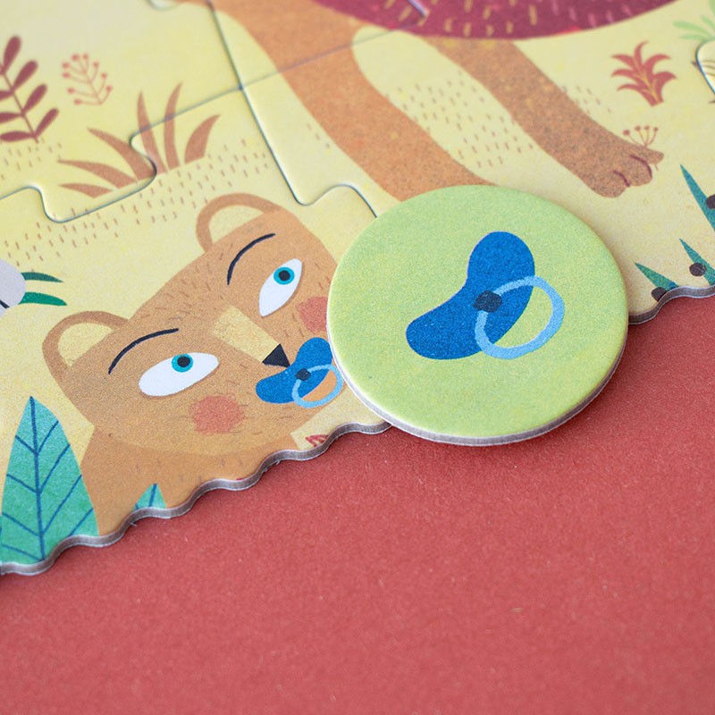 24-piece-look-and-find-pocket-puzzle-my-little-jungle with a bear and butterfly design on a red surface