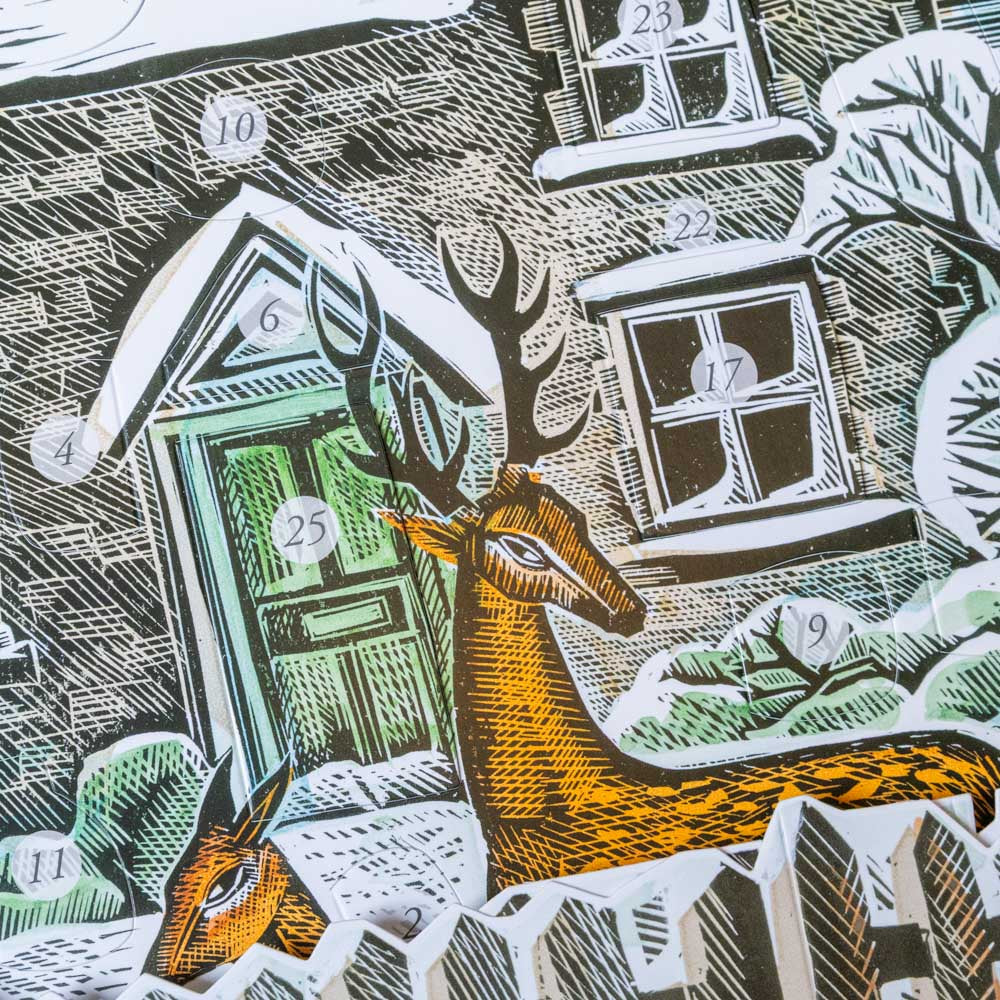 3-d-advent-calendar-christmas-cottageIllustration of a deer in front of a house with numbered windows,