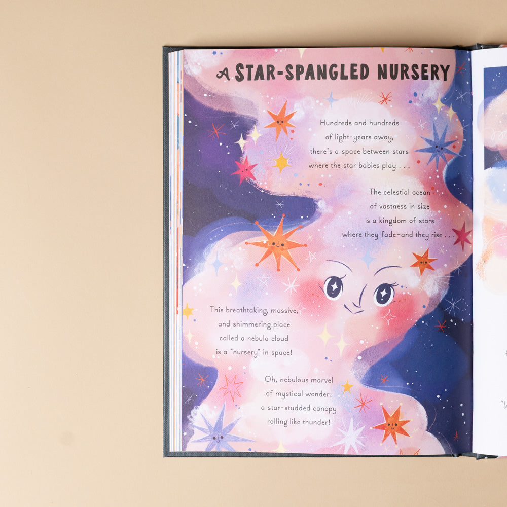 5-minute-space-stories-book Open book with star-themed illustration and text on a beige background