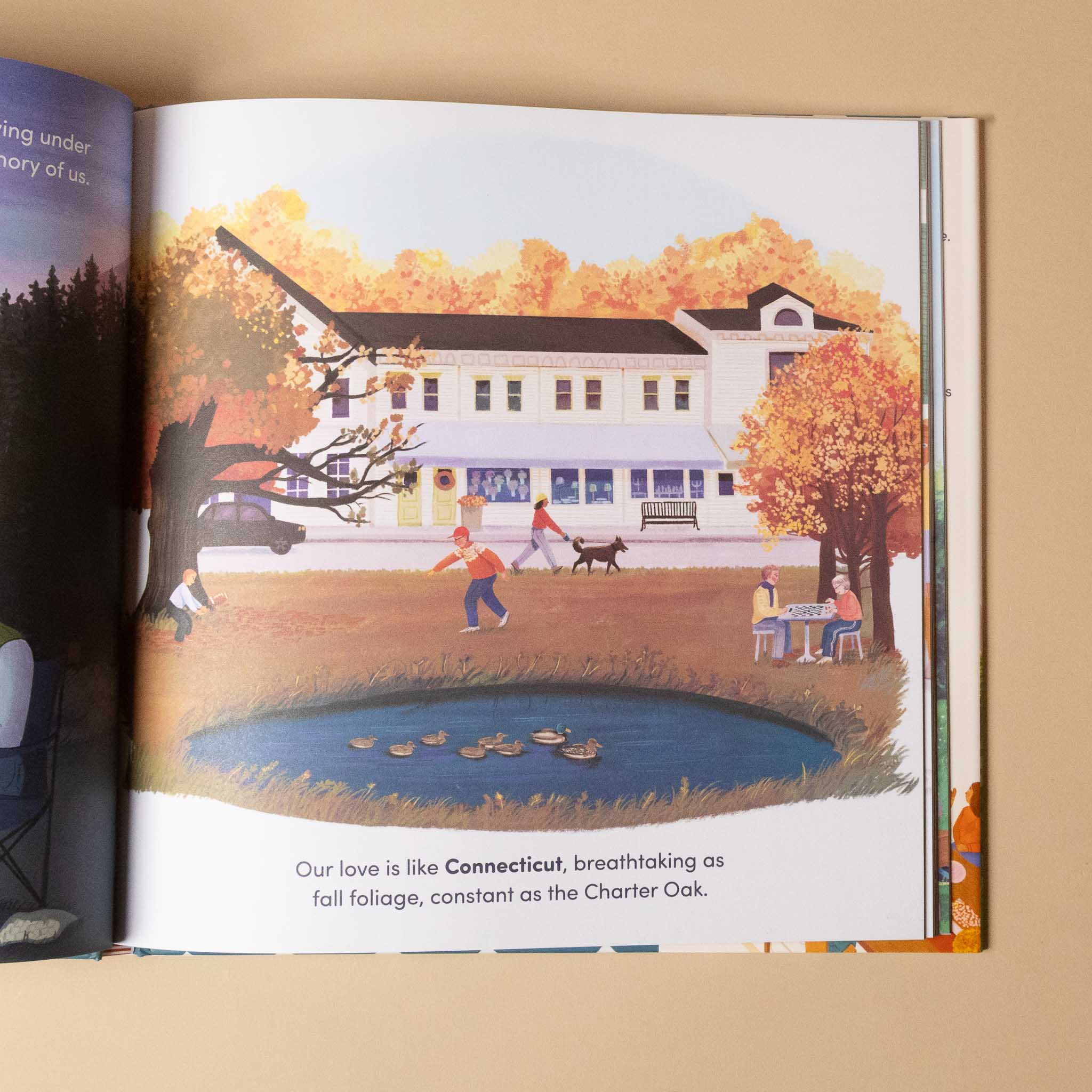 50-states-of-love Illustration of a park scene with people and a pond, featuring a house in the background.