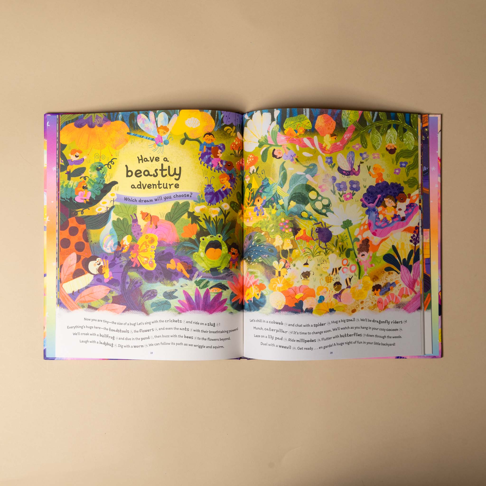 Open 500-dreams-a-seek-and-find with colorful illustrations on a beige background