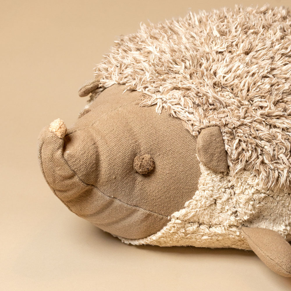 Close-up of a plush hedgehog toy on a beige background