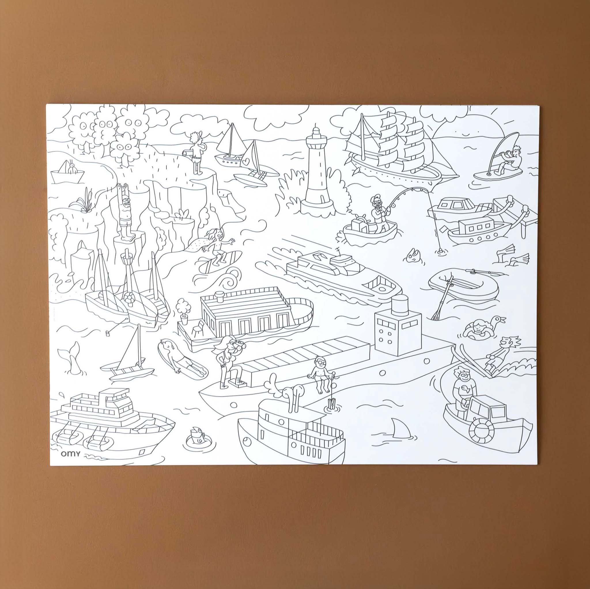 vehicles-in-the-water-with-a-lighthouse-and-sailboats-raft-tug-fishing-boat