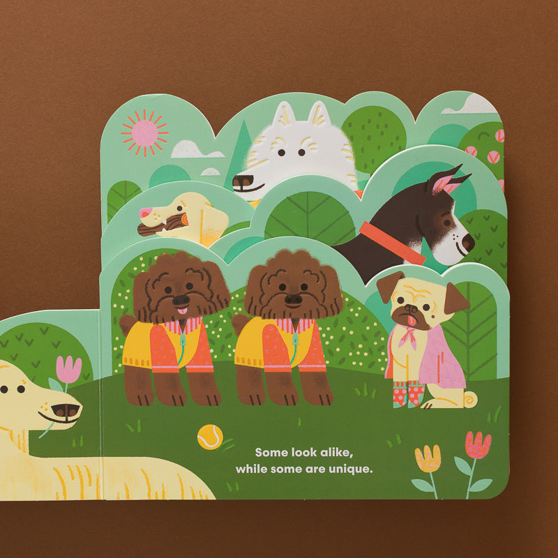Some-Dogs-Layered-Board-Book open page illustration of similar dogs