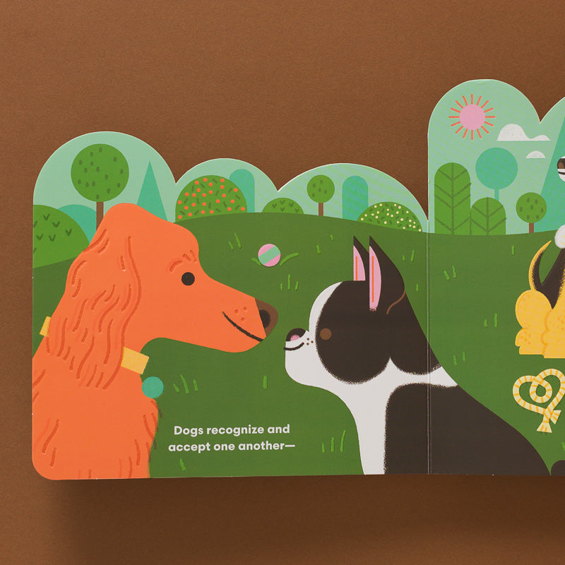 Some-Dogs-Layered-Board-Book illustration of dogs meeting each other