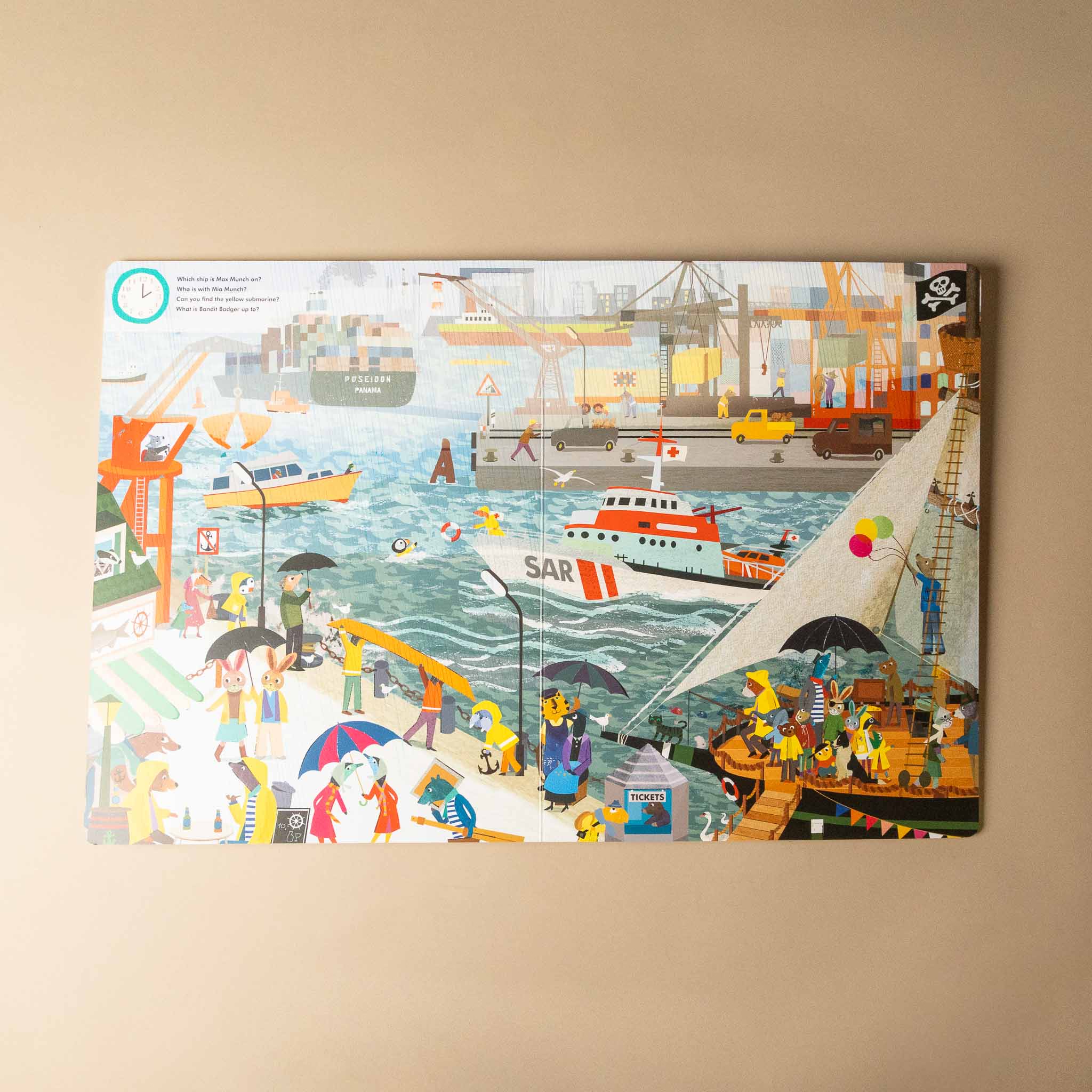 Colorful children's a-day-at-fluffyville-port-seek-and-find-book with a harbor scene on a beige wall