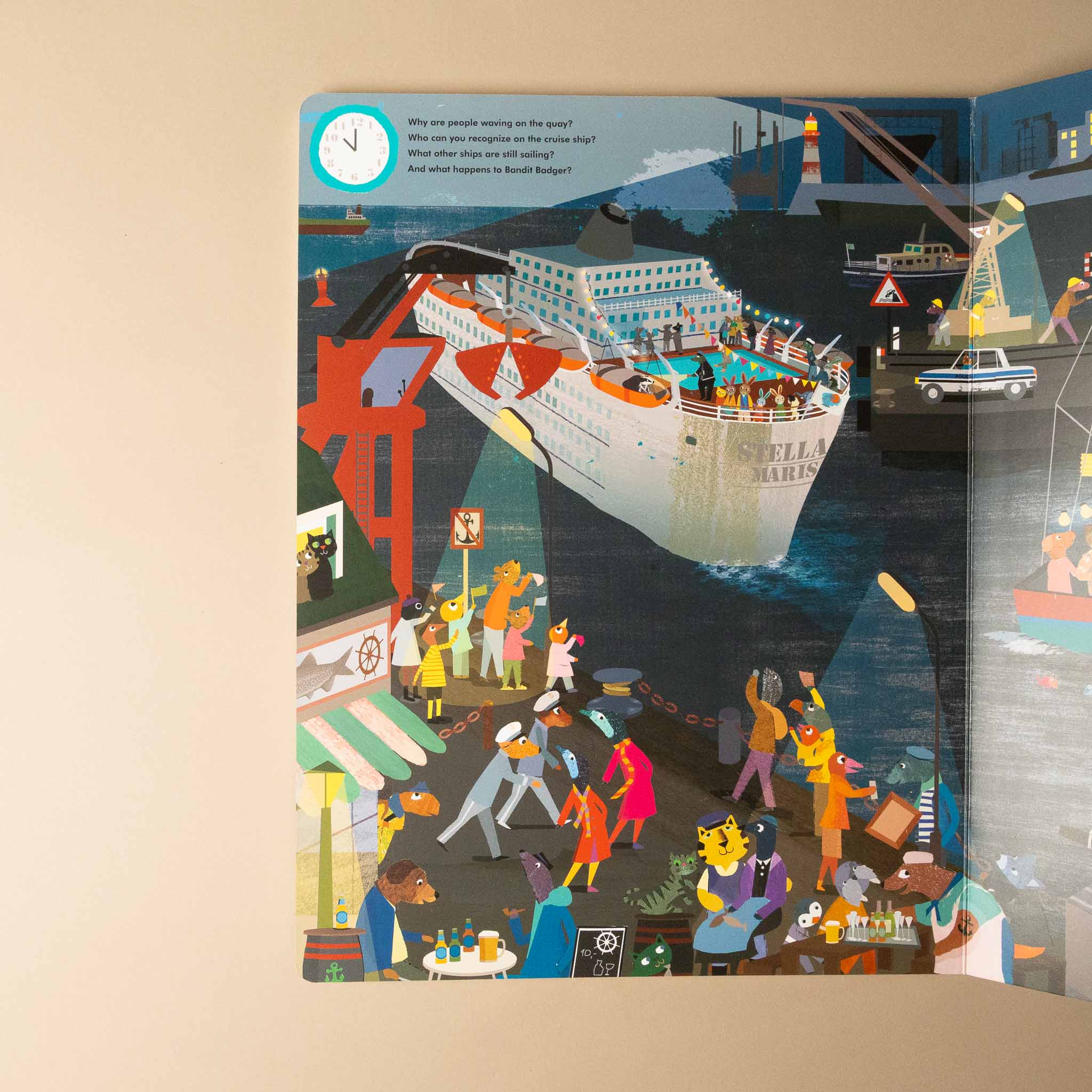 Illustrated a-day-at-fluffyville-port-seek-and-find-book with a ship and people on a dock