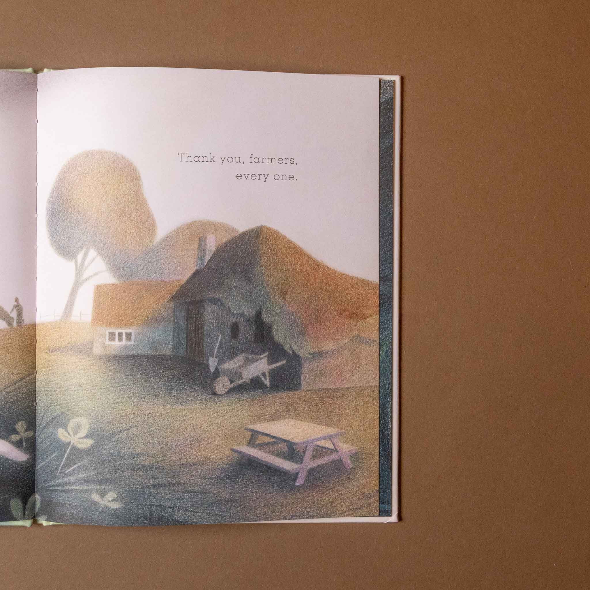 Illustrated apple-cake-a-gratitude page with a farm scene and text on a brown background