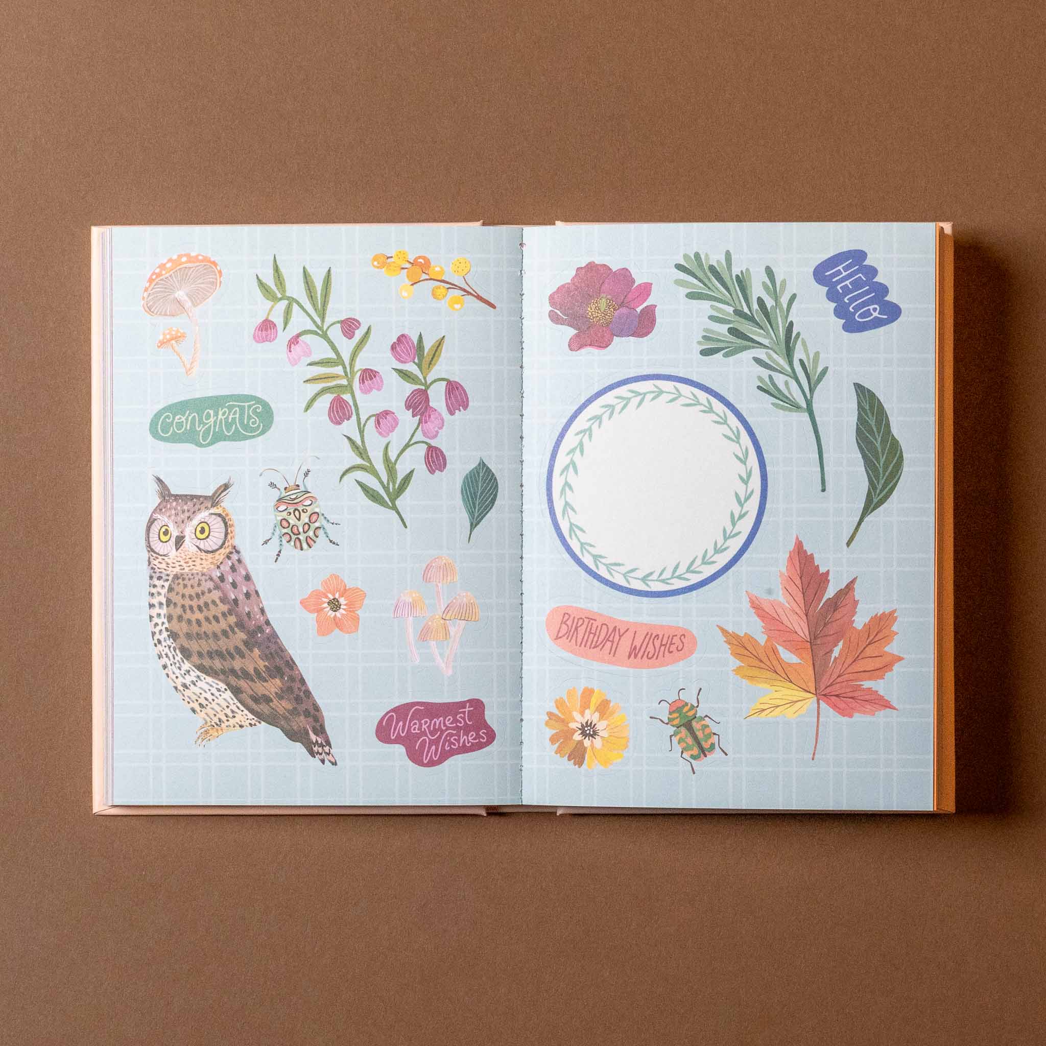 Open art-of-the-forest-100-page-sticker-book with nature-themed stickers on a brown background