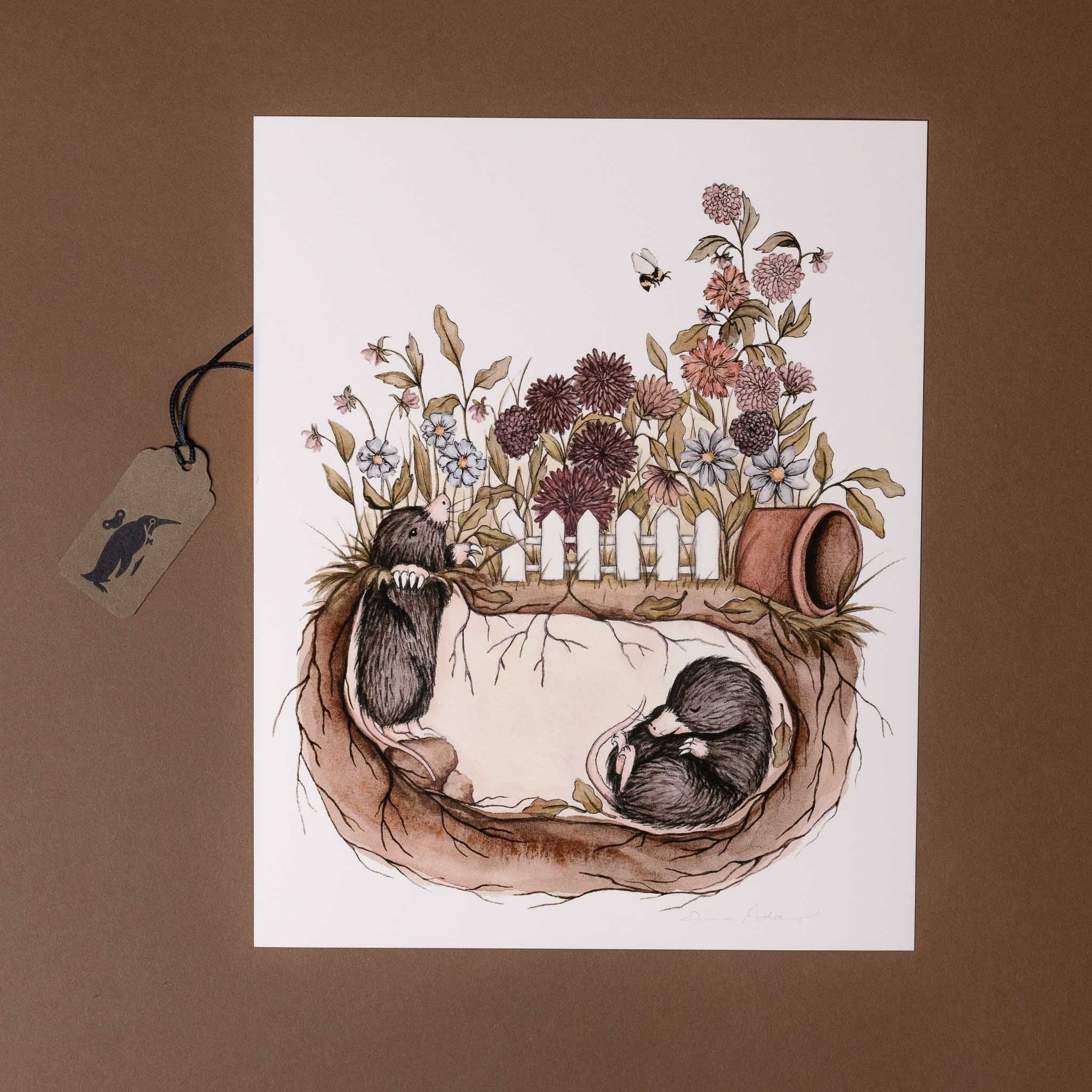 Illustration of two mice in a nest with flowers and a small white fence on a brown background.