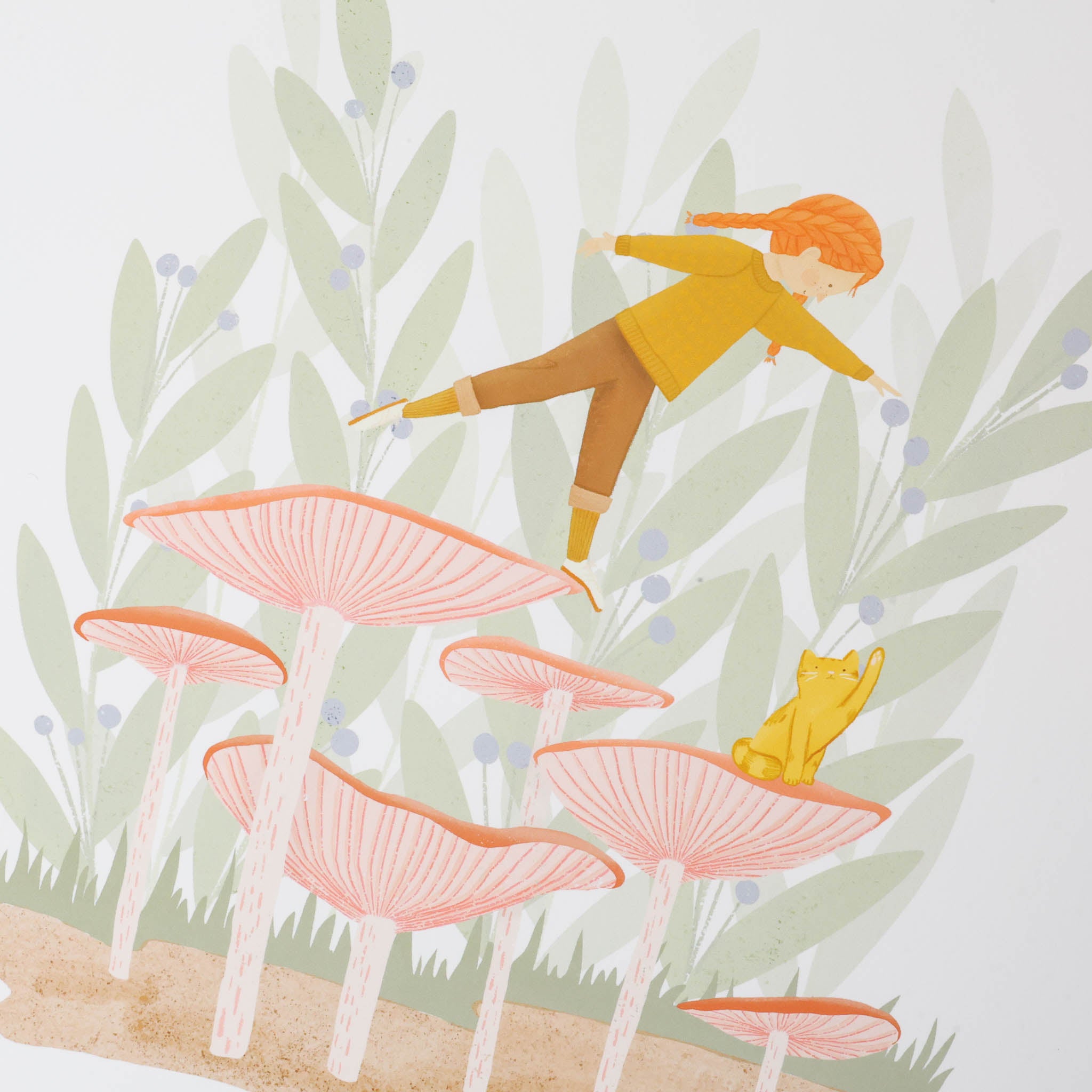 art-print-mushroom-hopping of a person and a cat csitting on pink mushrooms among green foliage.