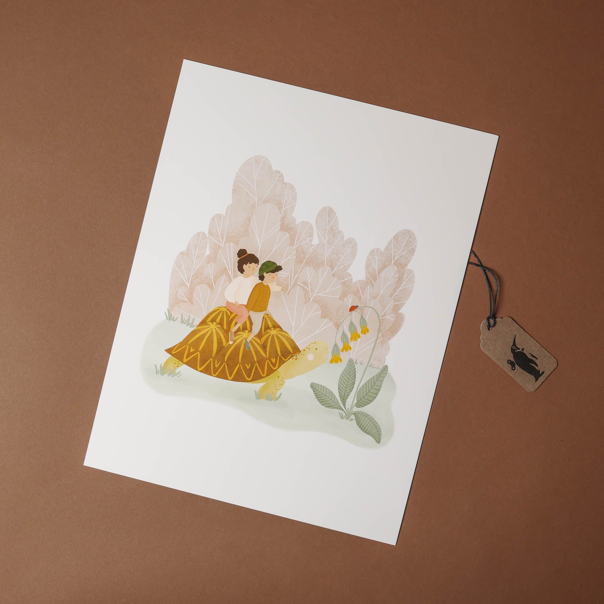 art-print-slow-rides of a two children in a yellow dress on a turtle against a brown background