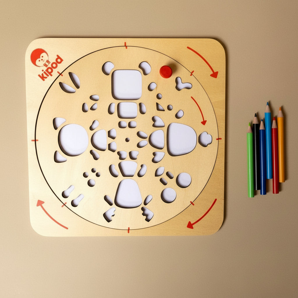 wooden artwist-art-kit-animals and colored pencils on a beige background