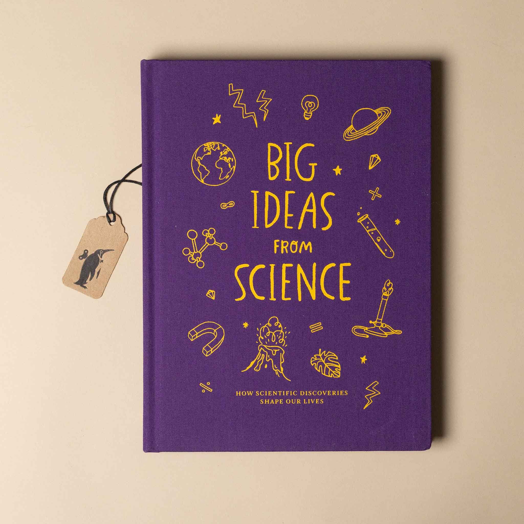Purple book titled 'Big Ideas from Science' with yellow text and science-themed illustrations on a beige background.