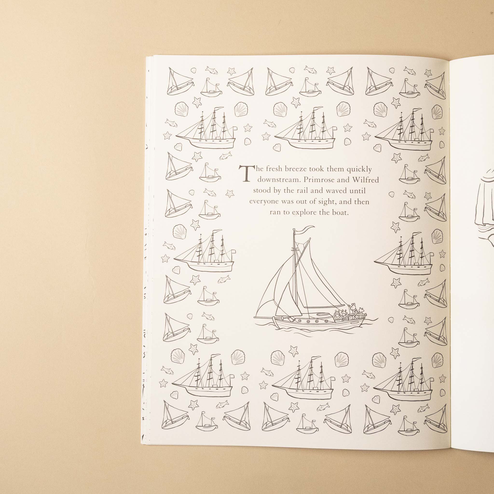 Open brambly-hedge-nature-coloring-book with illustrations of ships and text on a beige background