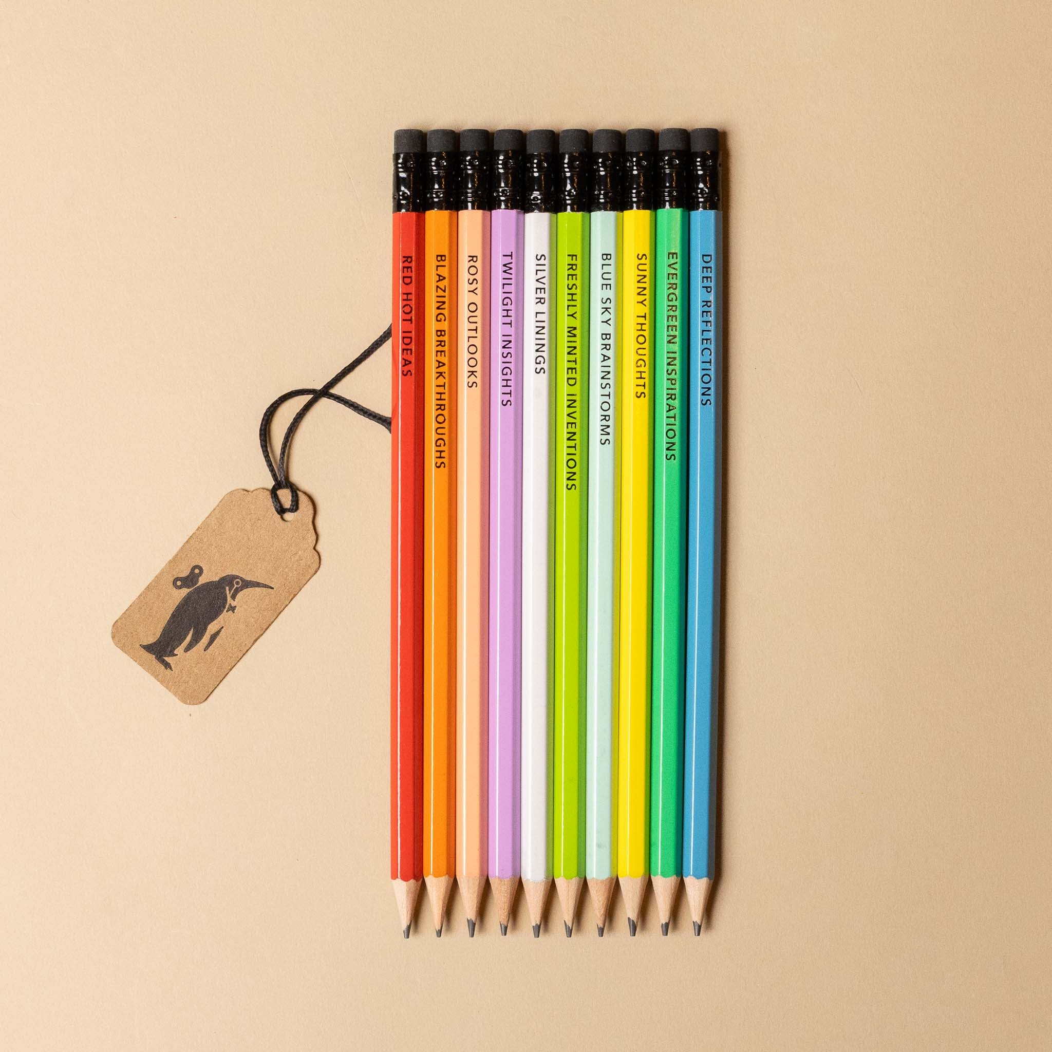 bright-ideas-graphite-pencils colorful with a branded tag on a beige background