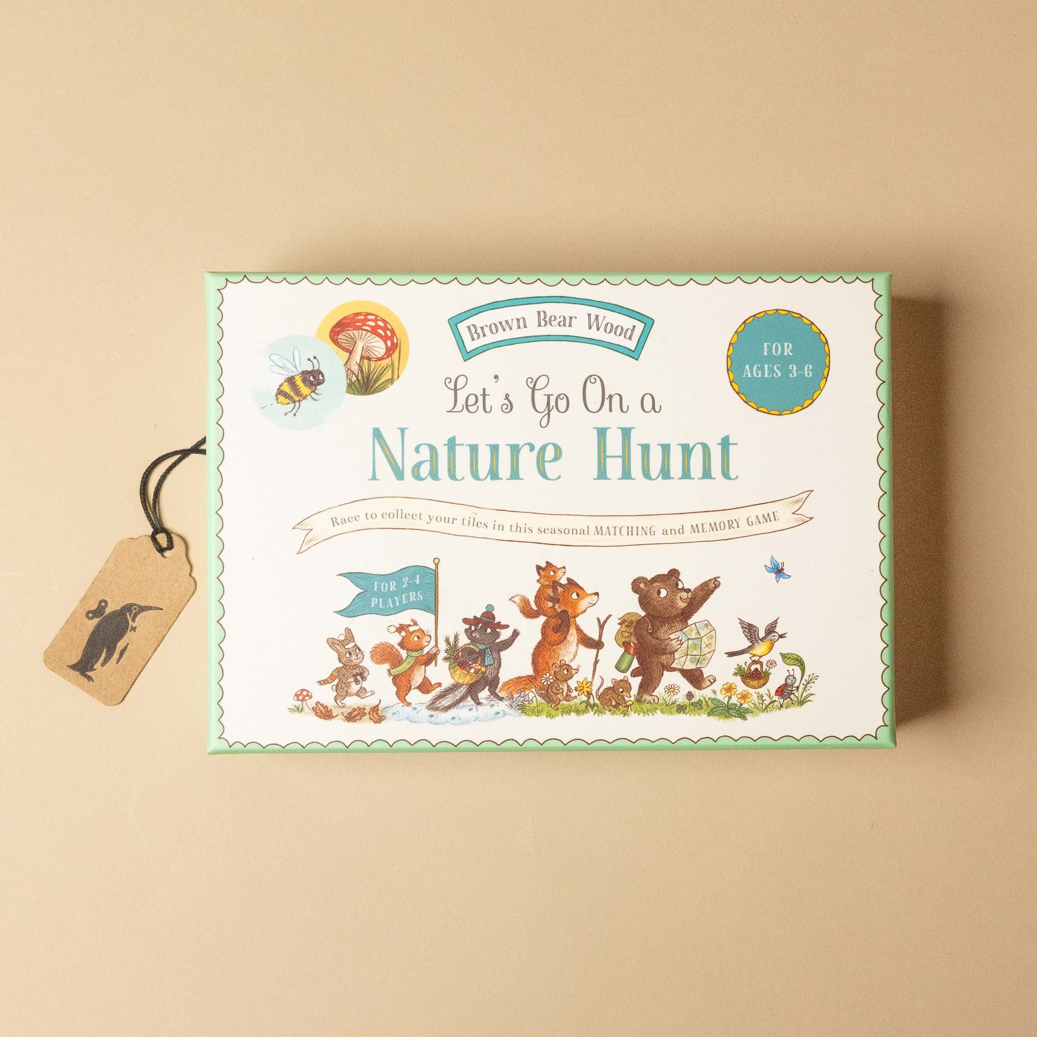 Children's activity book titled 'Let's Go On a Nature Hunt' with illustrations of bears and nature-themed elements on a beige background.
