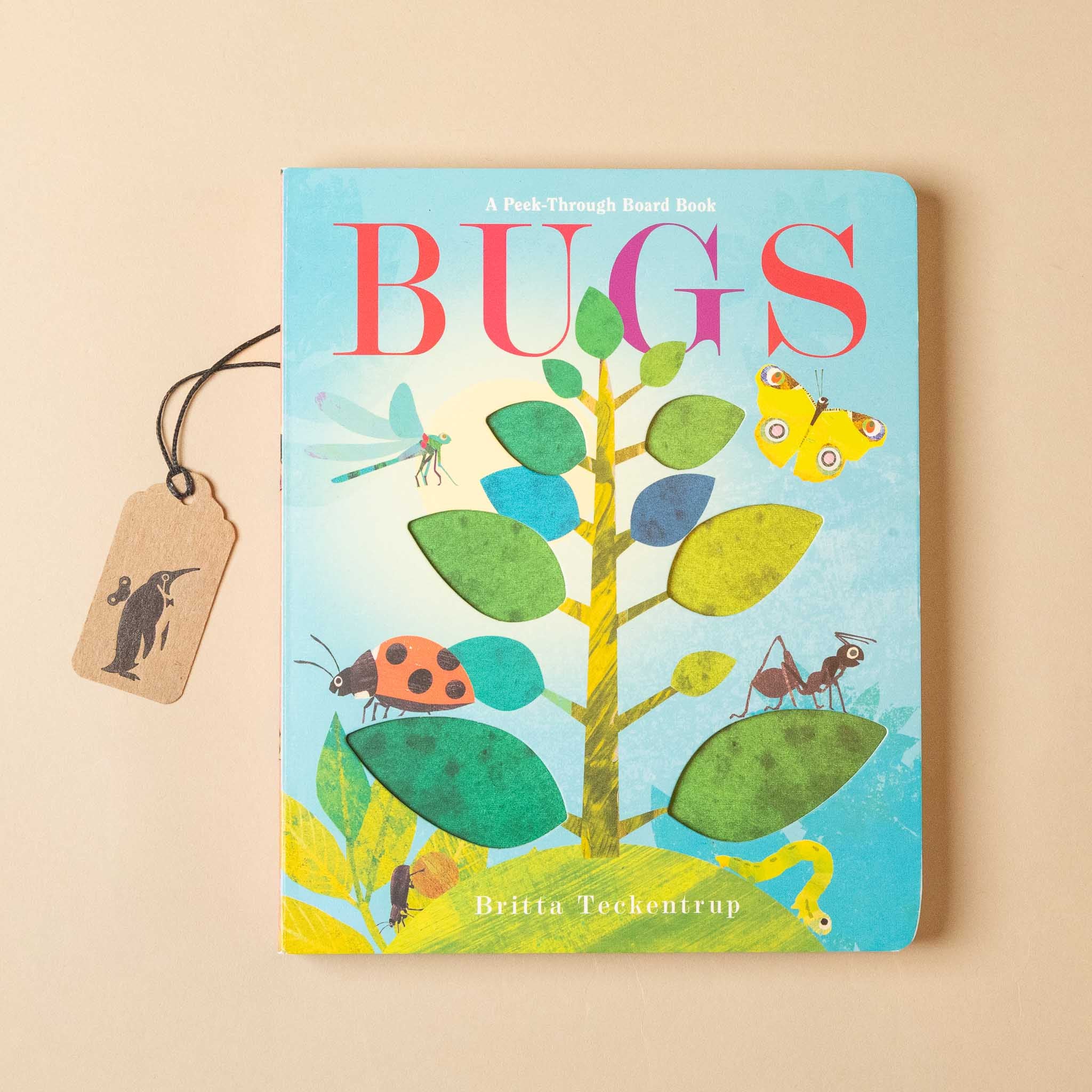 bugs-a-peek-through-board-book with illustrations of insects and a tree on a beige background