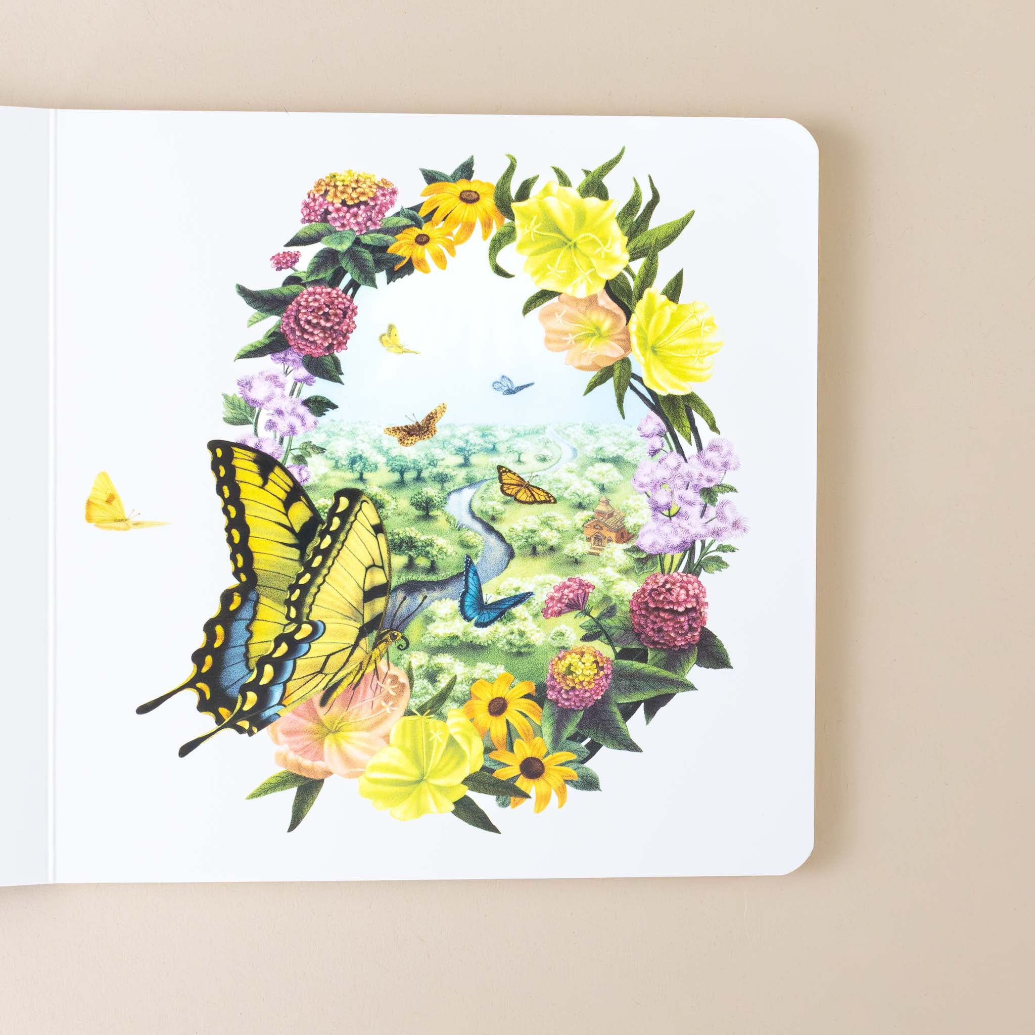 butterfly-goes-to-school-book--yellow-swallowtail-butterfly-in-a-ring-of-flowers-in-a-garden