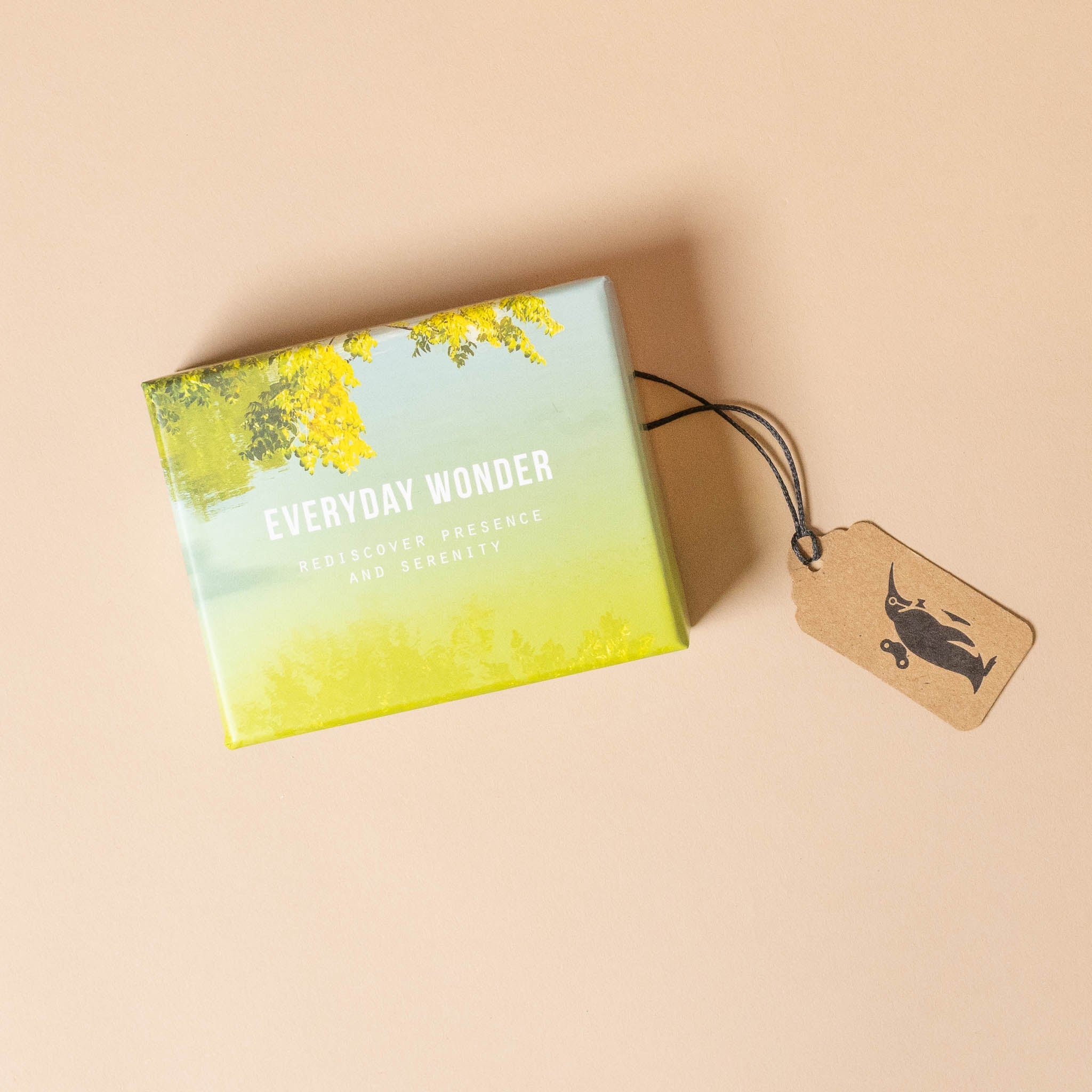 Product packaging with 'Everyday Wonder' text and a tag on a beige background