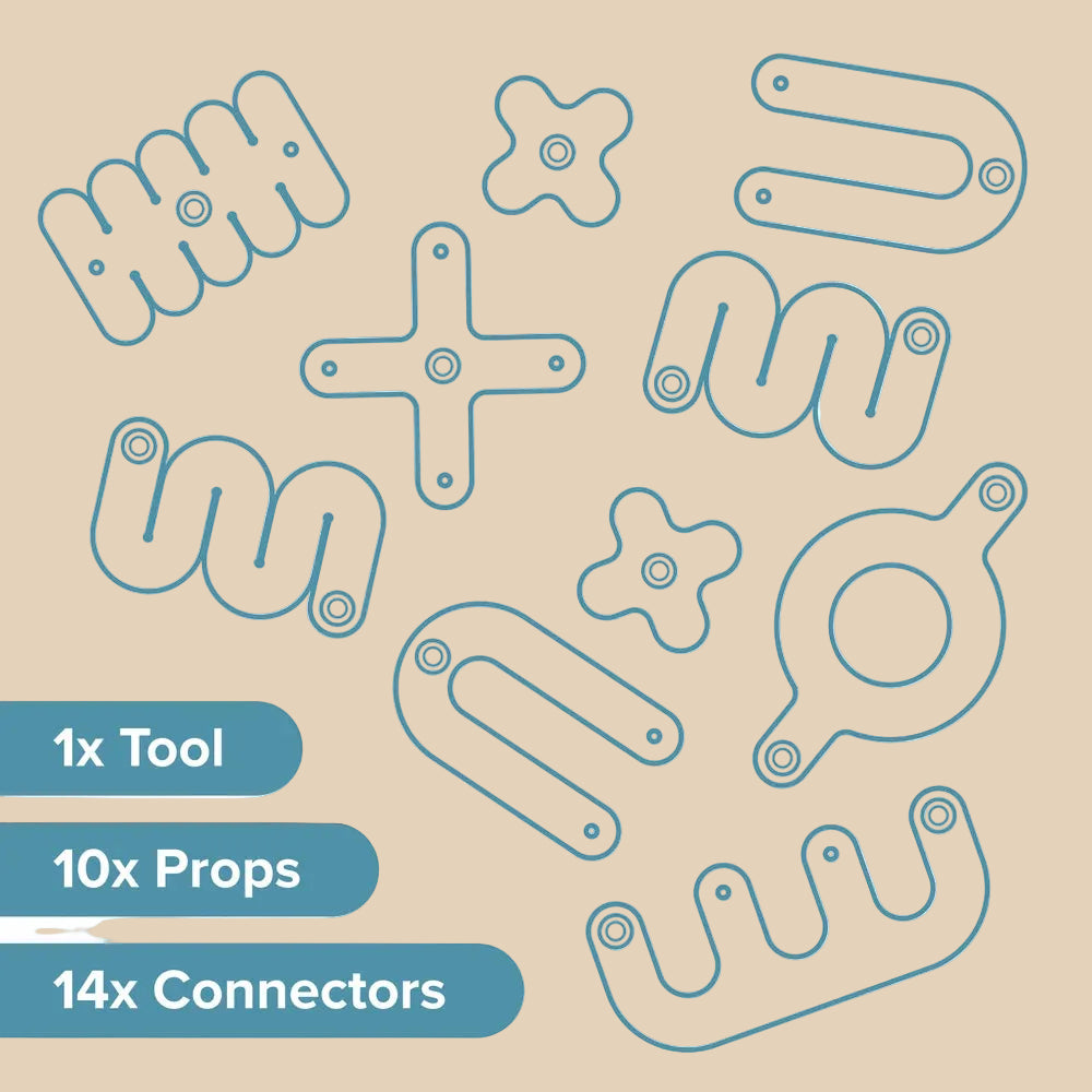 Set of tools, props, and connectors with text indicating quantity on a white background