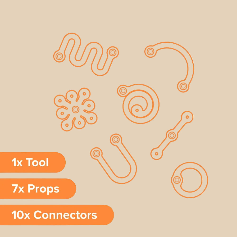 Orange line drawings on a white background showing several connector and prop shapes, with text reading '1x Tool', '7x Props', and '10x Connectors'.