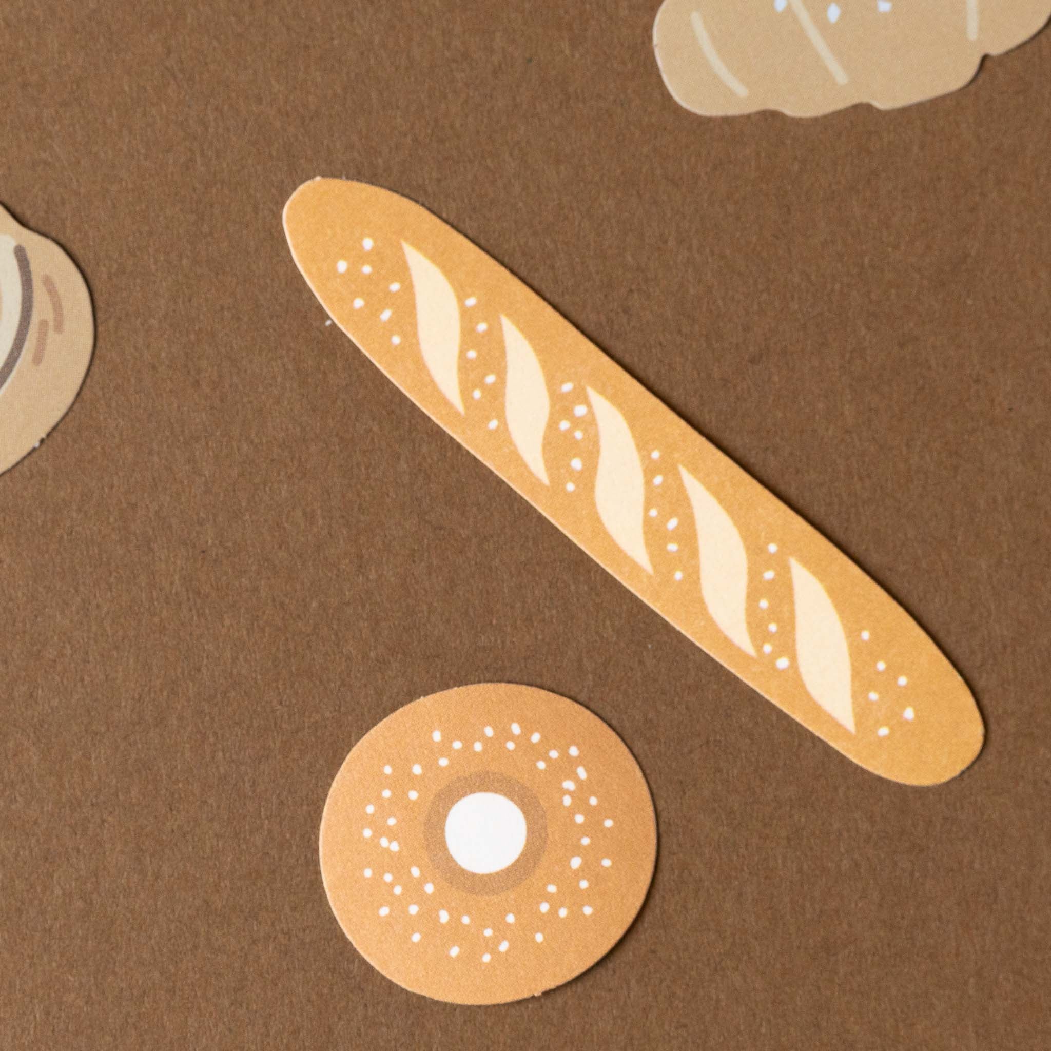 cereal-sticker-set-bakery Illustration of a baguette and a donut on a brown background