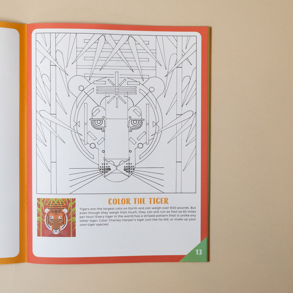 charley-harpers-art-and-animals-activity-book Coloring book page with a tiger design on a beige background