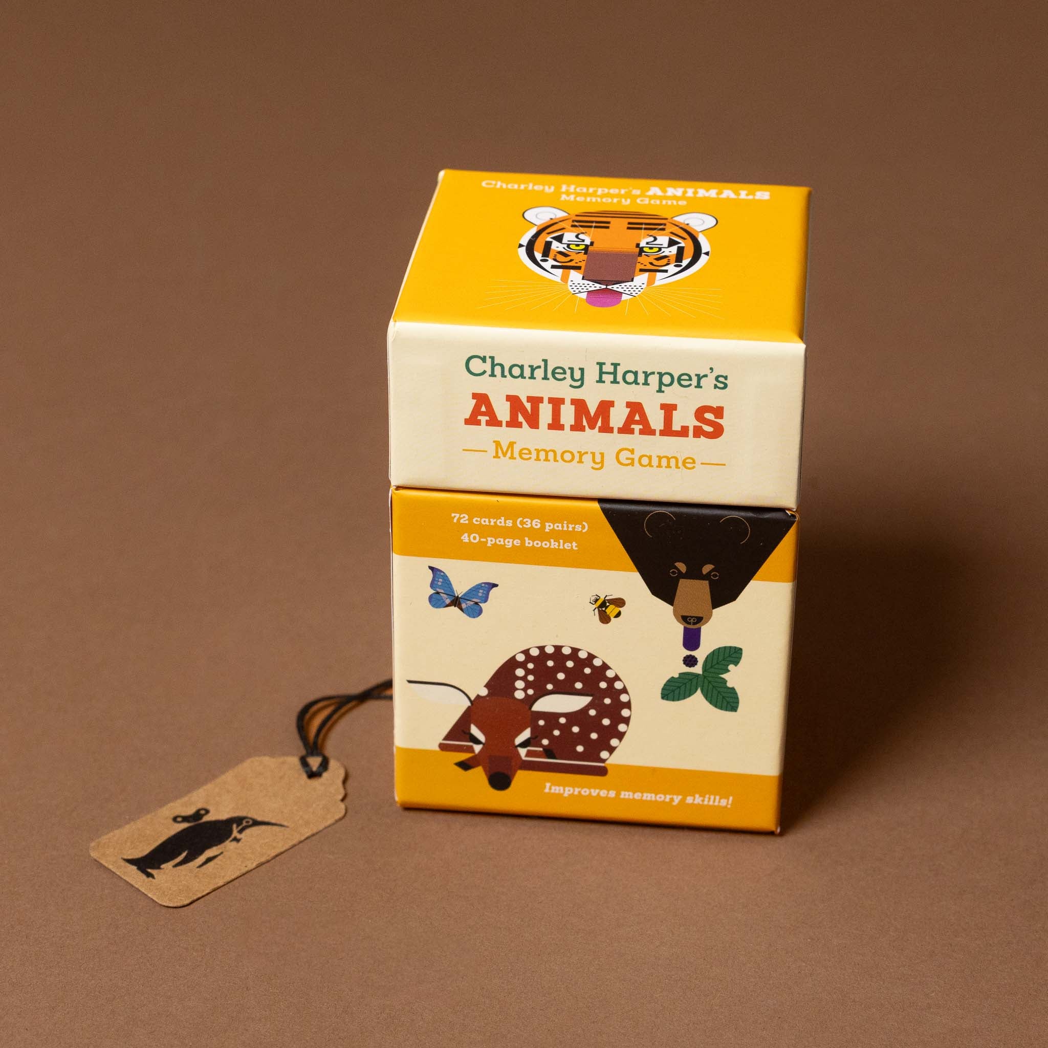 Box of Charley Harper's Animals Memory Game on a brown background