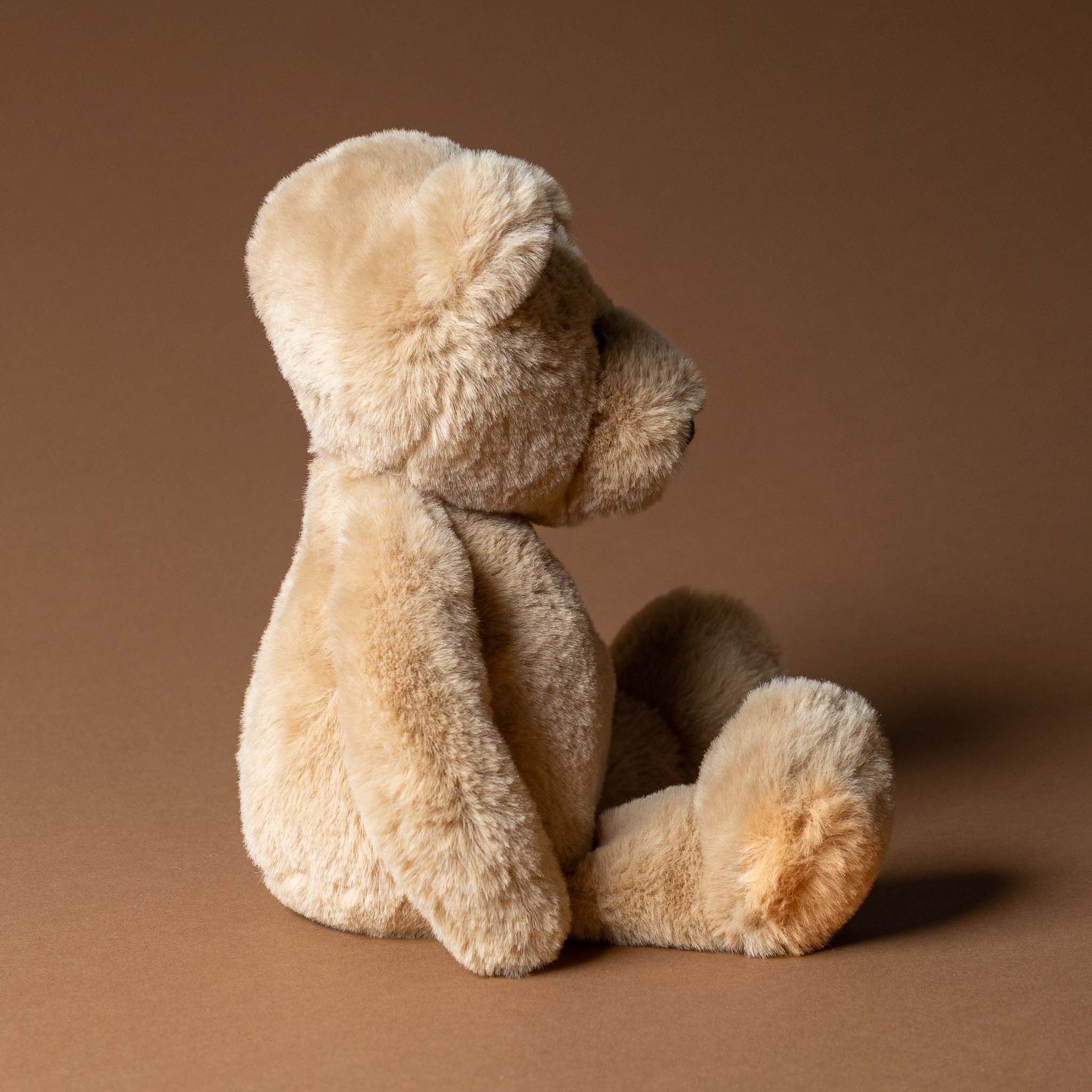 charlie-the-bear-oatmeal Beige teddy bear sitting on a brown background