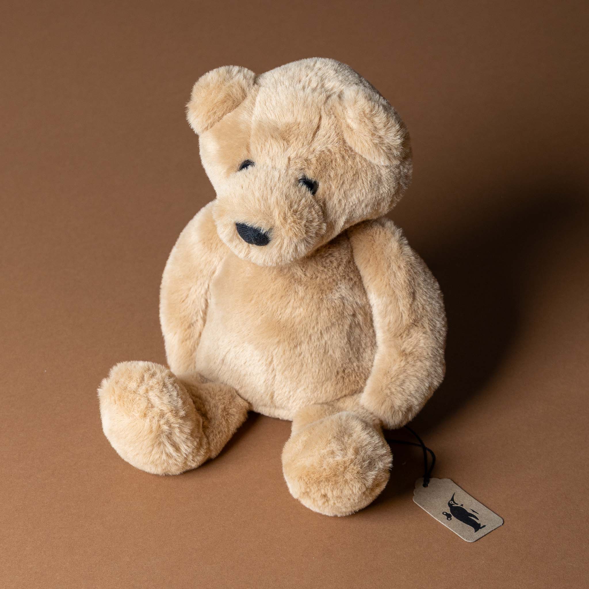 charlie-the-bear-oatmeal Beige teddy bear with a tag on a brown background