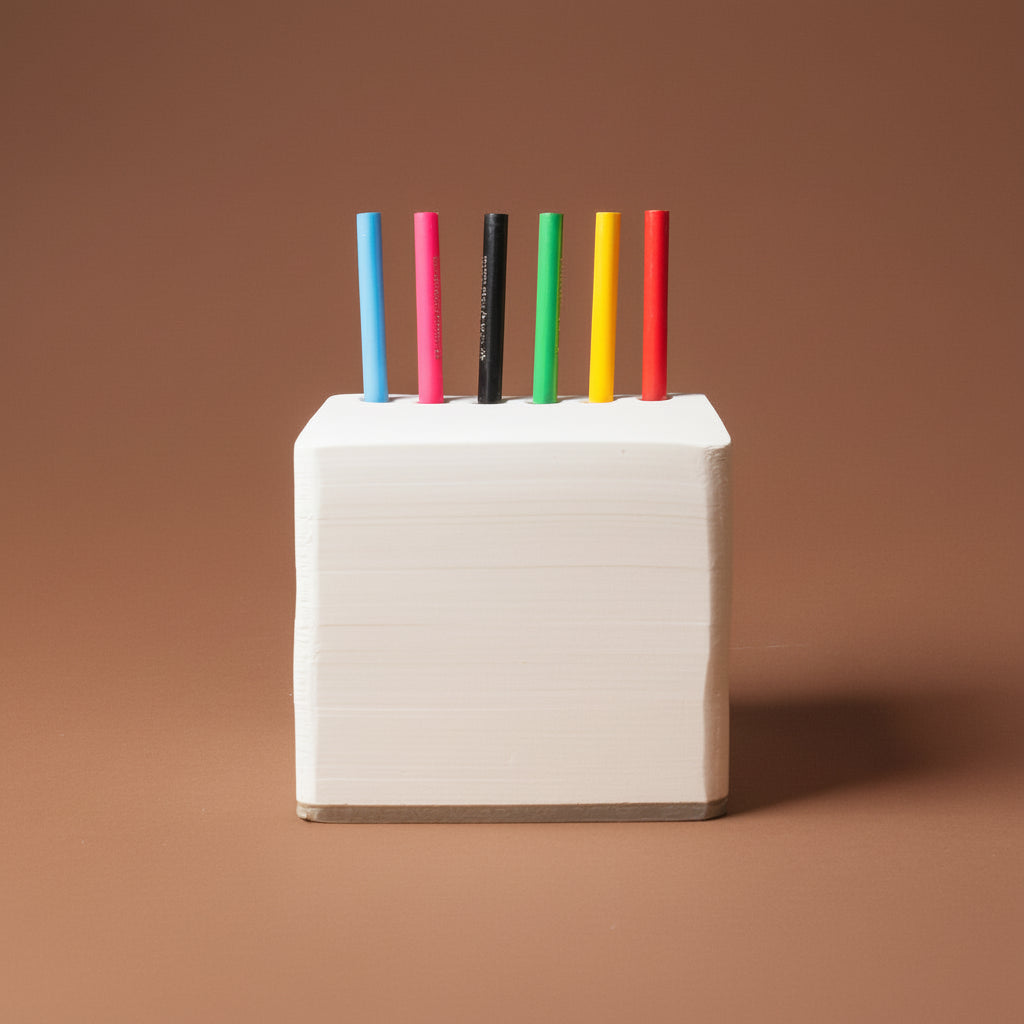 chunky-jotblock-sketch-pad-squared White cube with colorful pencils on a brown background