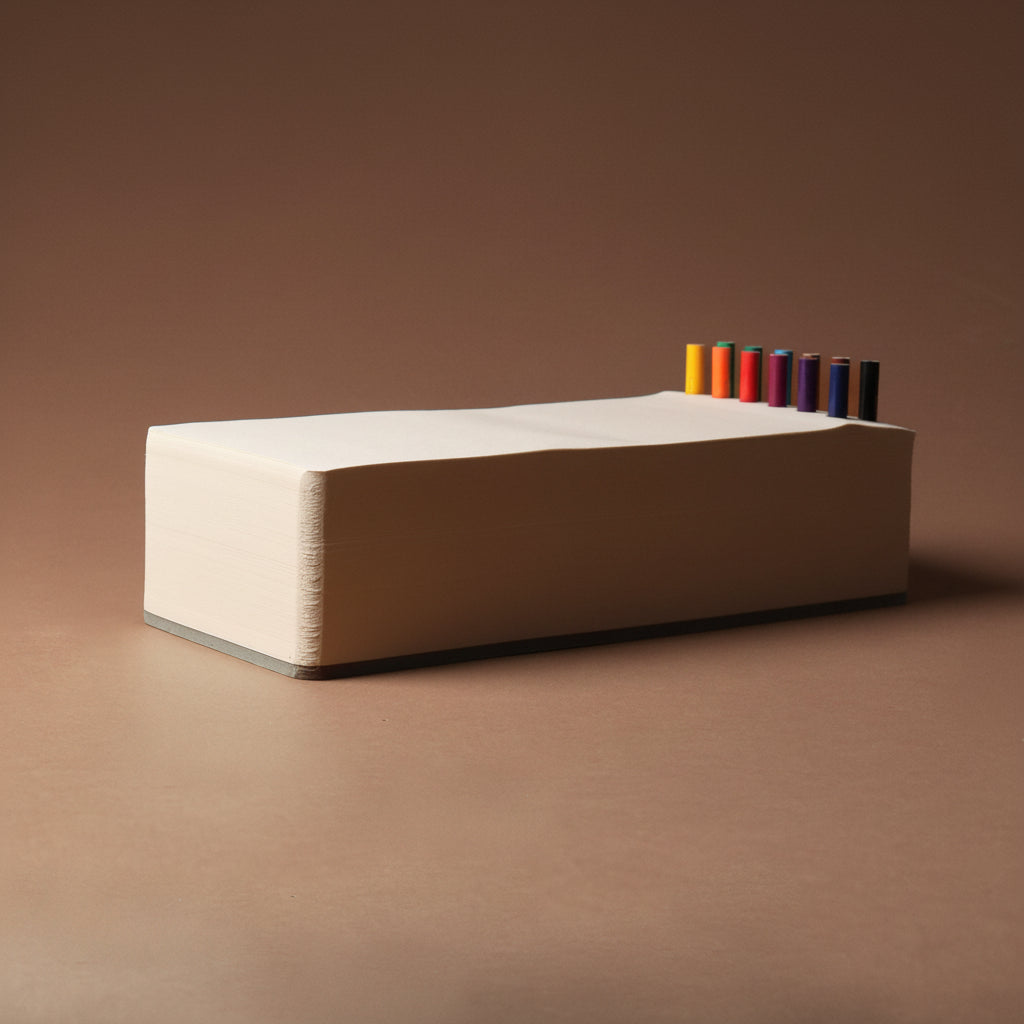 chunky-jotblock-sketch-pad-brick White rectangular paper block with colorful pencils on a brown background