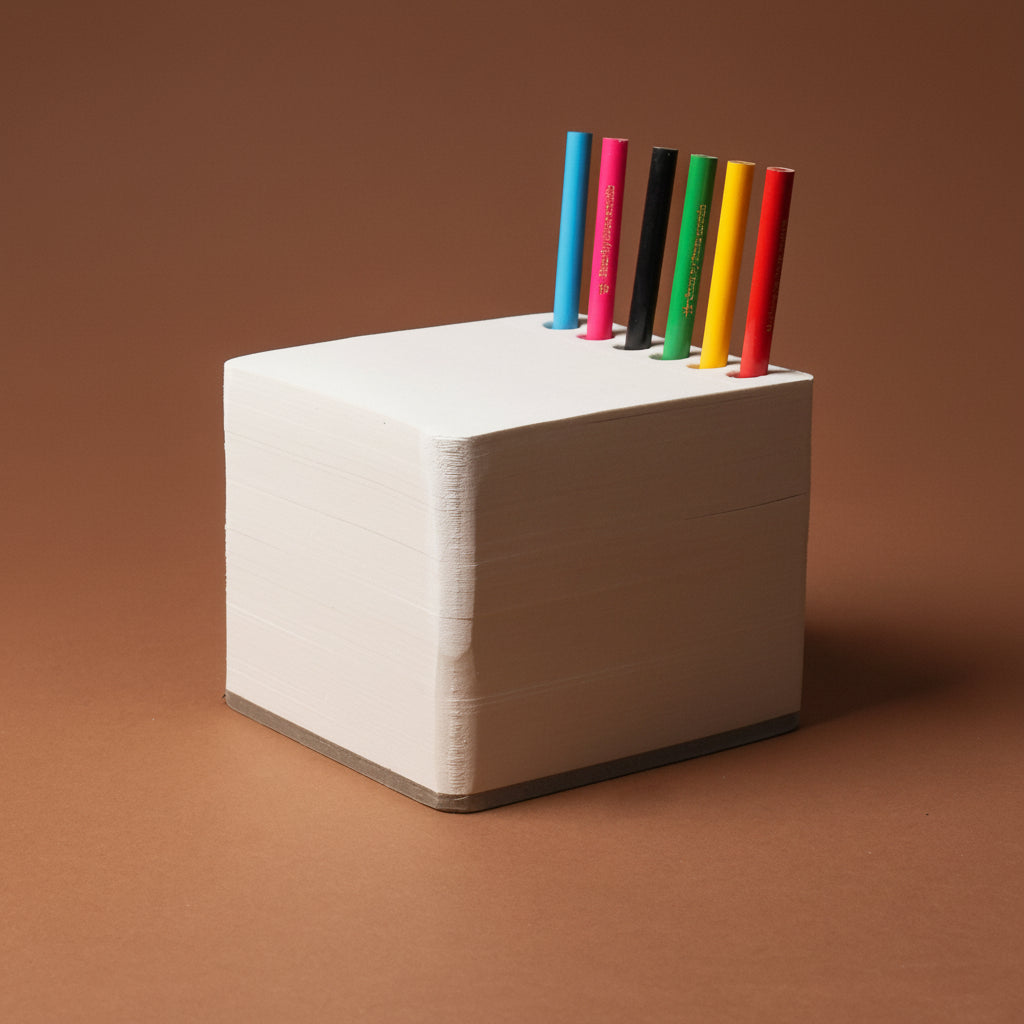 chunky-jotblock-sketch-pad-squared White cube with colorful pencils on a brown background