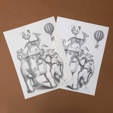 Load image into Gallery viewer, color-your-own-engraving-bon-voyage-elephant-with-duck-monkey-deer-rooster-on-top-with-hamster-in-hot-air-balloon-black-and-white-image-test-and-final-print