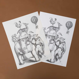 color-your-own-engraving-bon-voyage-elephant-with-duck-monkey-deer-rooster-on-top-with-hamster-in-hot-air-balloon-black-and-white-image-test-and-final-print