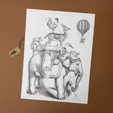 Load image into Gallery viewer, color-your-own-engraving-bon-voyage-elephant-with-duck-monkey-deer-rooster-on-top-with-hamster-in-hot-air-balloon-black-and-white-image