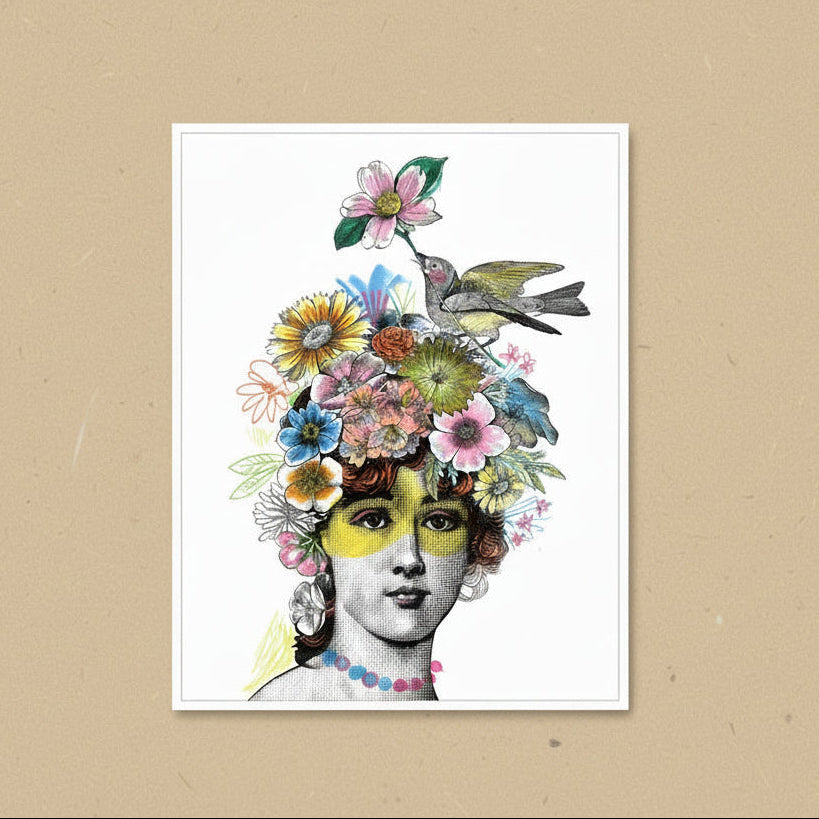 Illustration of a woman's head with colorful flowers and a bird on a white background