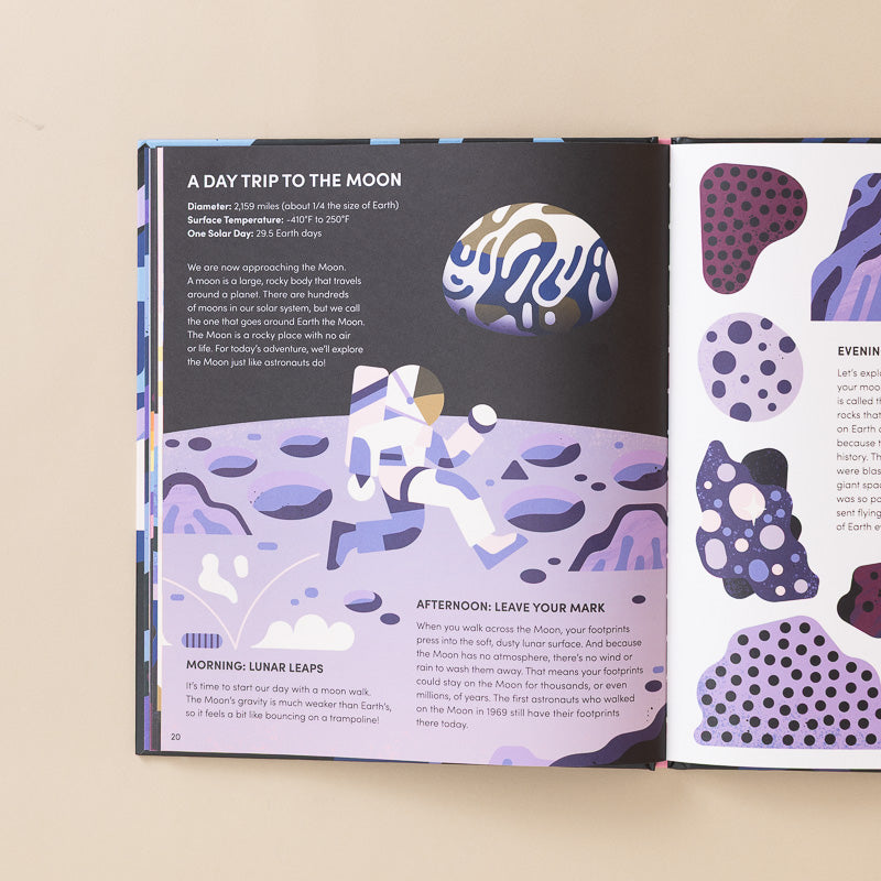 An open children's book spread showing educational pages about the moon, with abstract purple, blue, and cream illustrations and text such as 'A DAY TRIP TO THE MOON' and 'AFTERNOON: LEAVE YOUR MARK.'.
