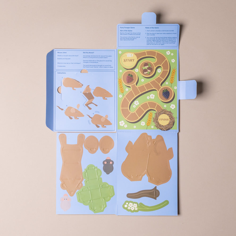 create-your-own-adorable-dormouse-kit Children's game board with animal figures and a snake-like path on a beige background