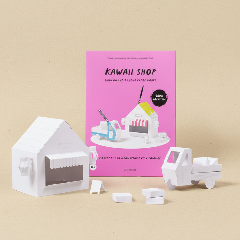 Kawaii Shop paper model set with pink packaging on a white background