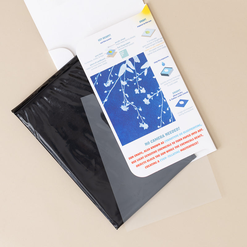 A black protective plastic pouch lies on a beige surface beneath a printed instruction card. The card has a blue floral illustration and text about using the product, but the main sellable item shown is the pouch itself.