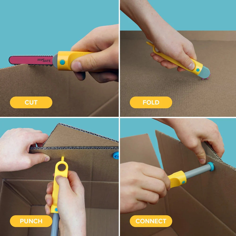 Multifunctional tool being used to cut, fold, punch, and connect cardboard
