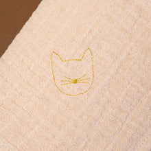 Load image into Gallery viewer, close-up-of-blush-fabric-with-gold-embroidered-kitten