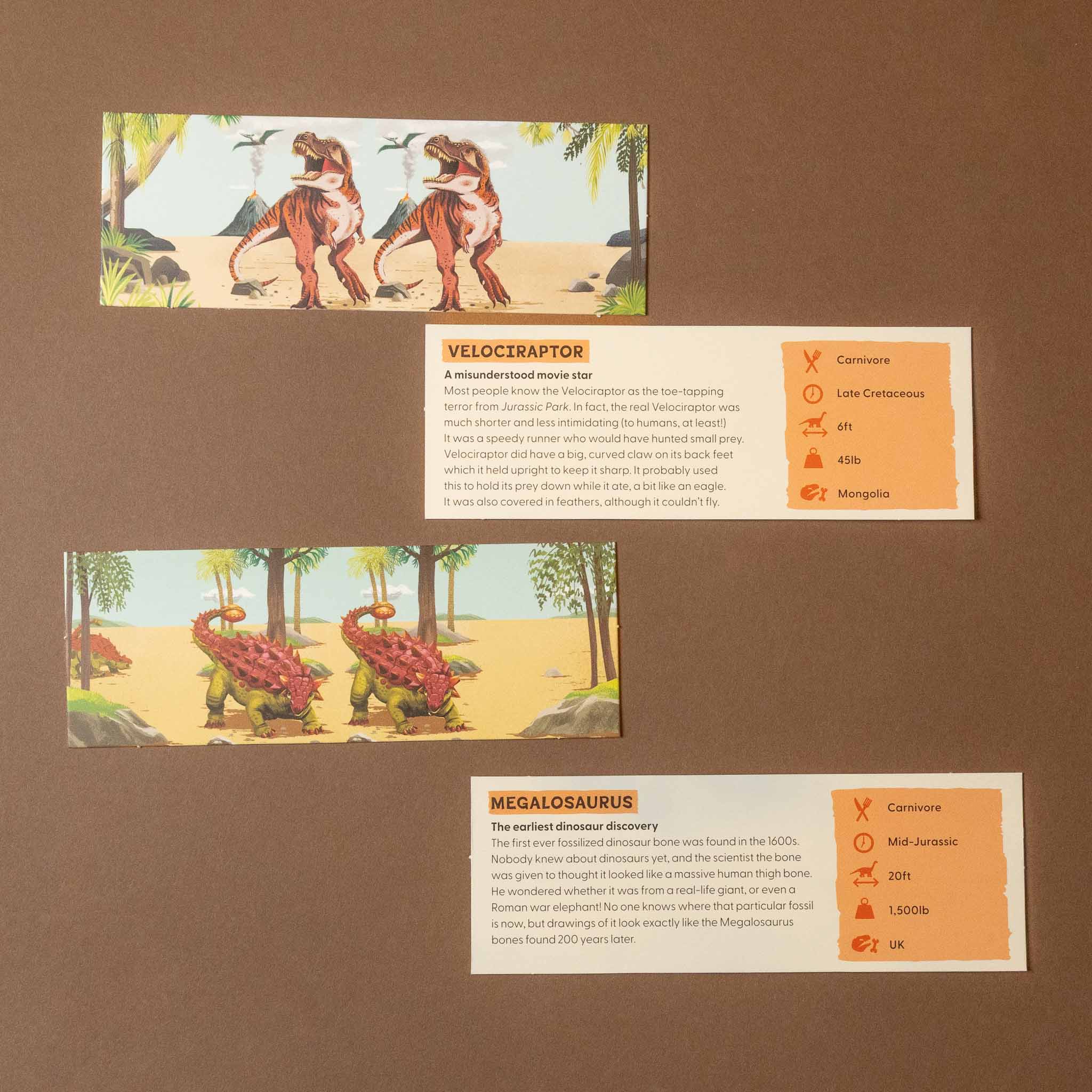 enter-the-world-of-dinosaurs Illustrations of Velociraptor and Megalosaurus with descriptive text on a brown background