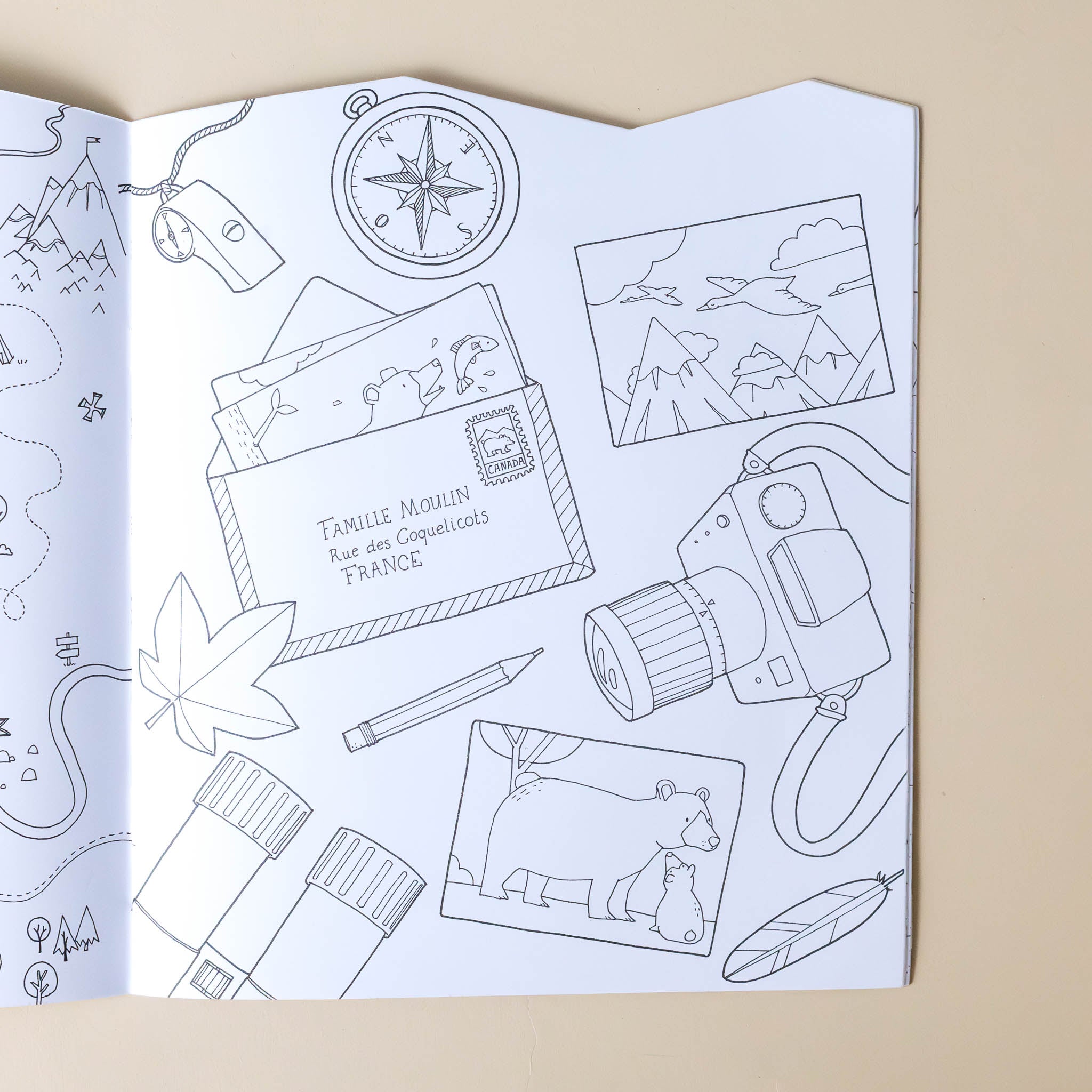 explore-the-world-coloring-and-sticker-book-scene-of-cameras-pictures-postcards-binoculars-and-found-items