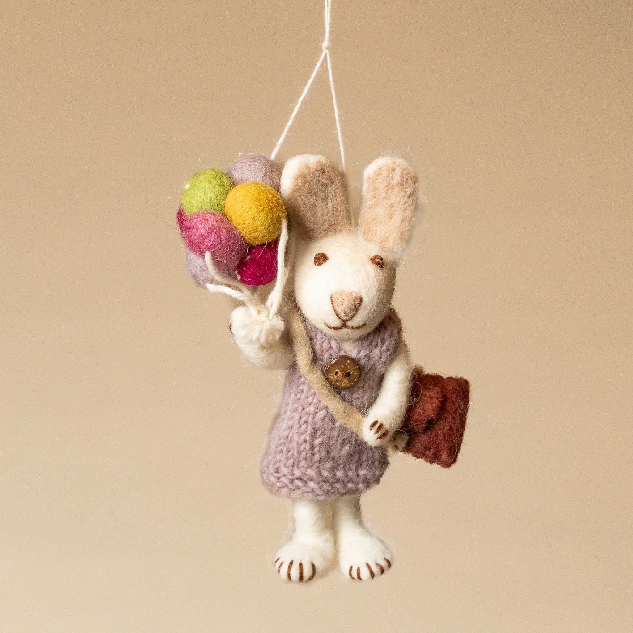 Felted White Rabbit Ornament | Lavender Dress with Balloon Bouquet