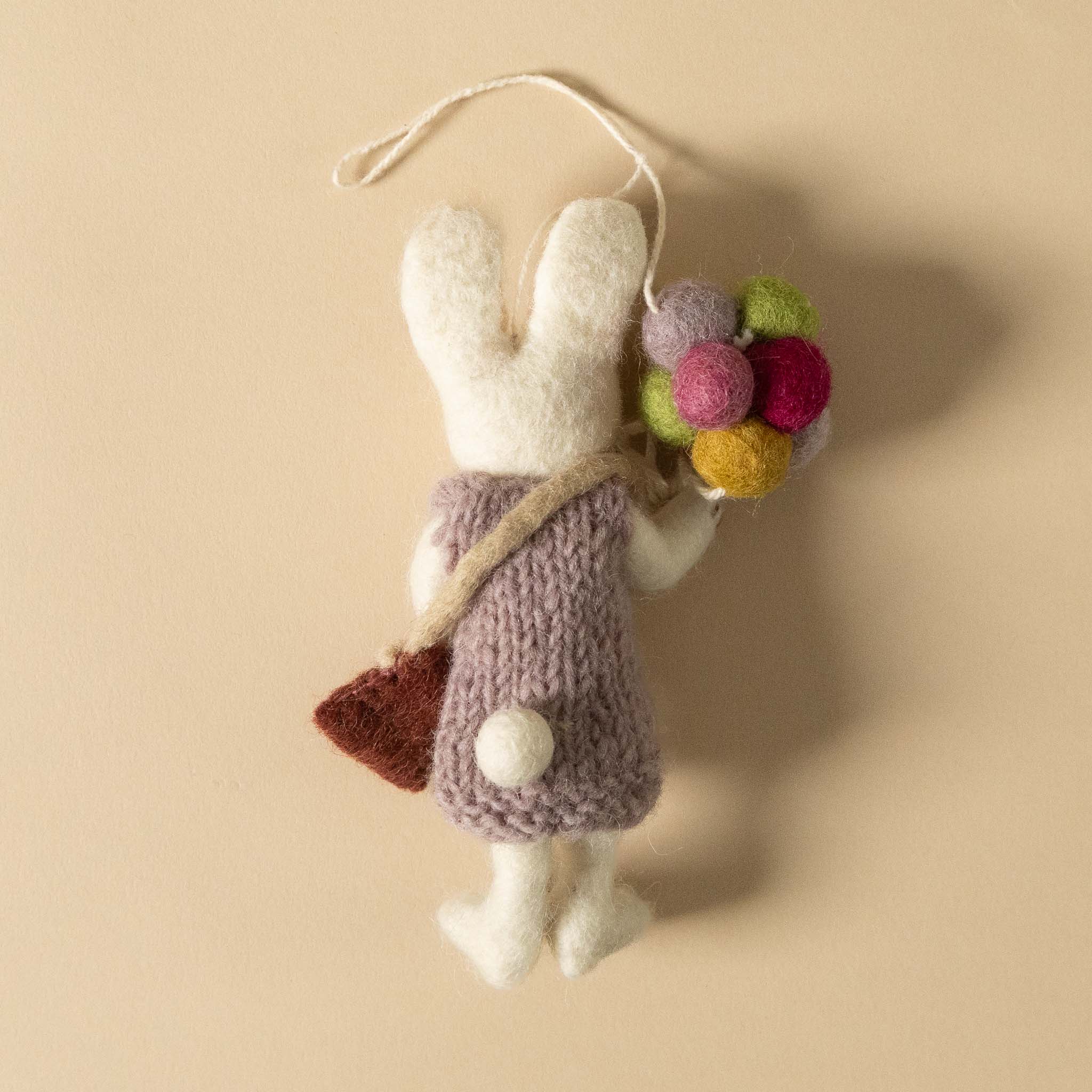 felted-white-rabbit-ornament--lavender dress-with-balloon-bouquet